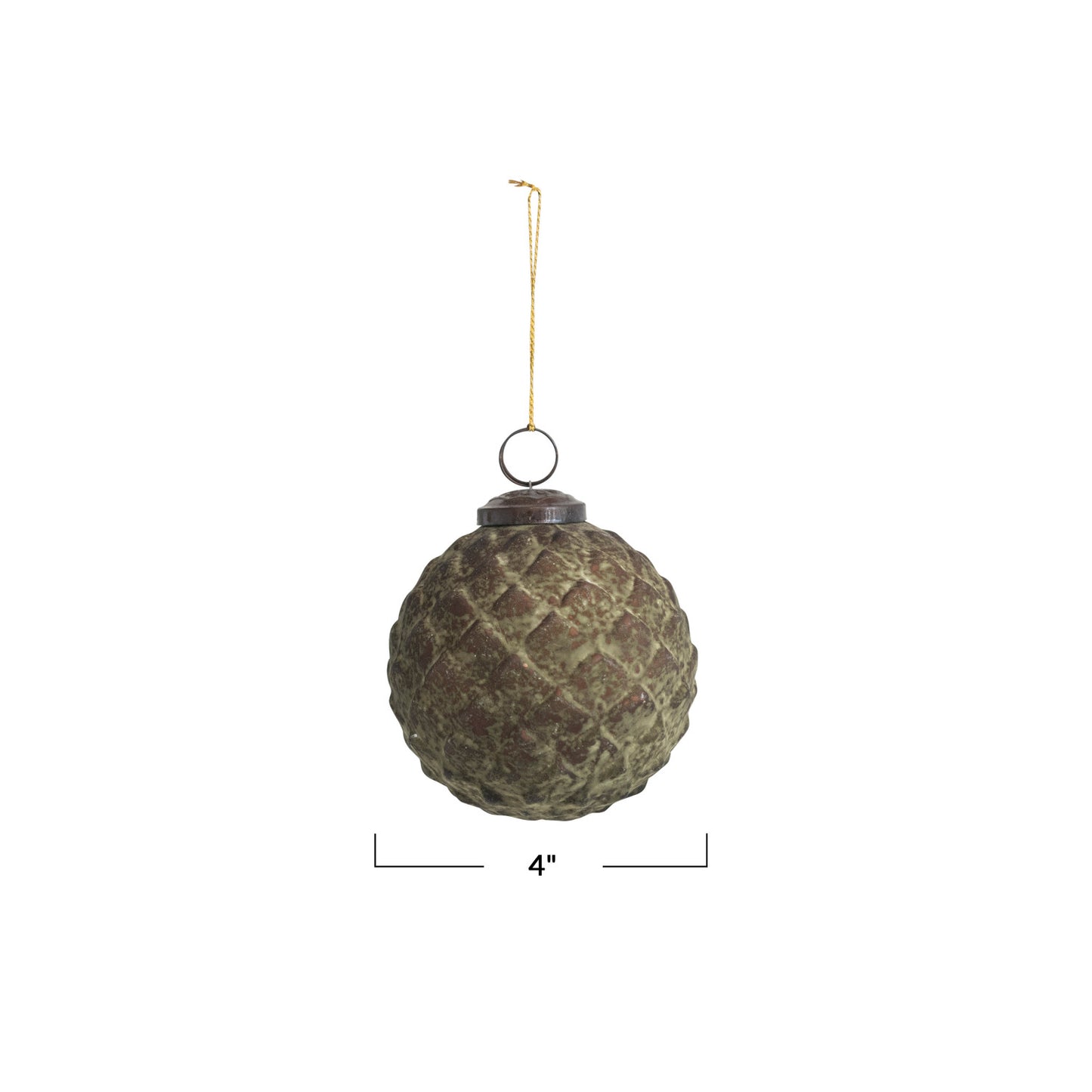 Embossed Glass Ball Ornament, Distressed Green Patina Finish