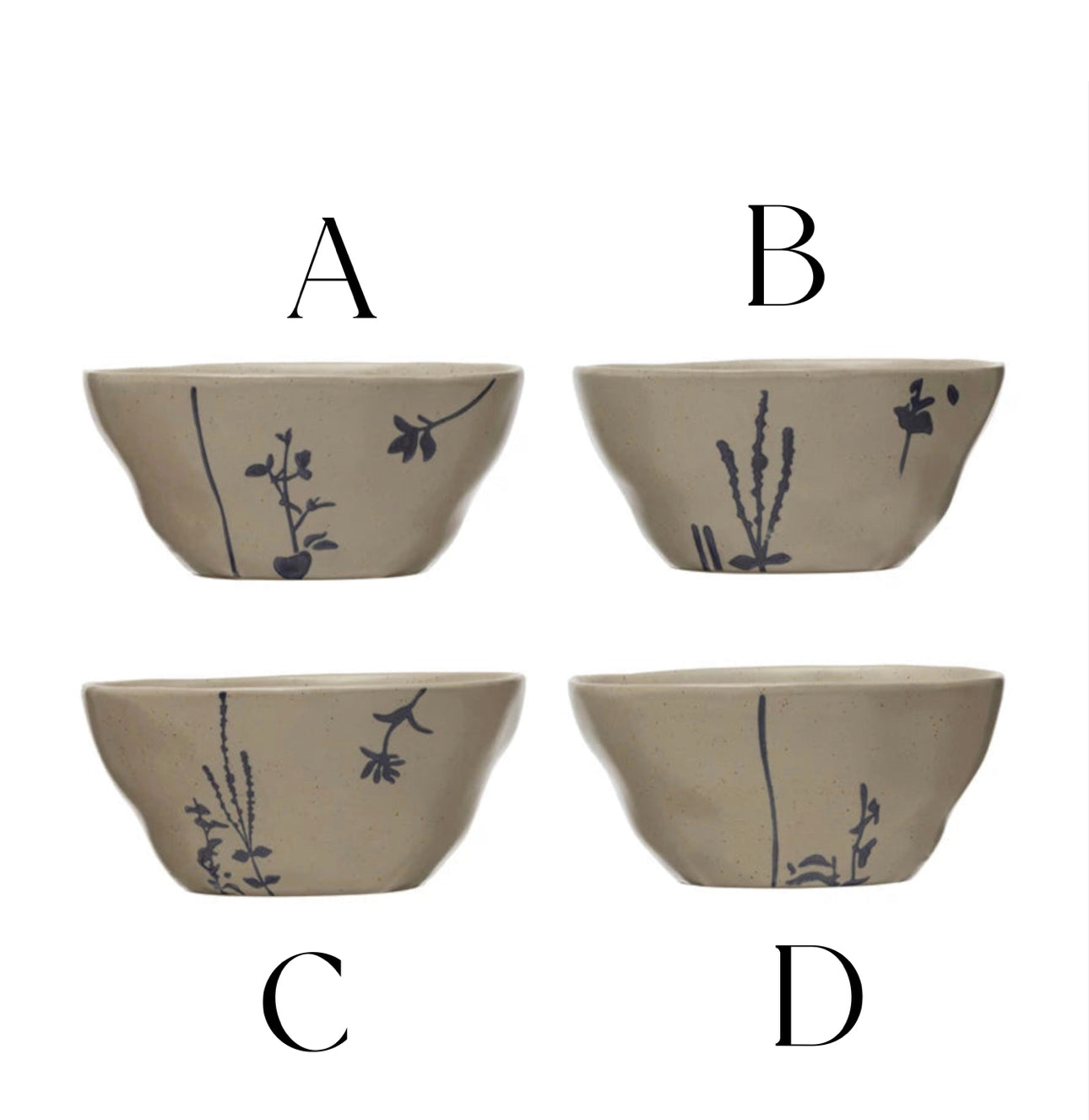 Hand-Stamped Stoneware Bowl w/ Botanicals, 4 Styles