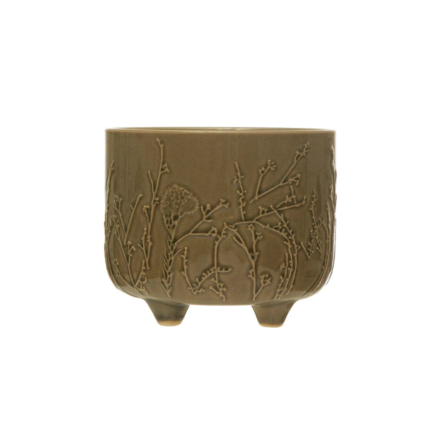 Embossed Stoneware Footed Planter w/ Florals, Crackle Glaze, Tan Color (Each One Will Vary)