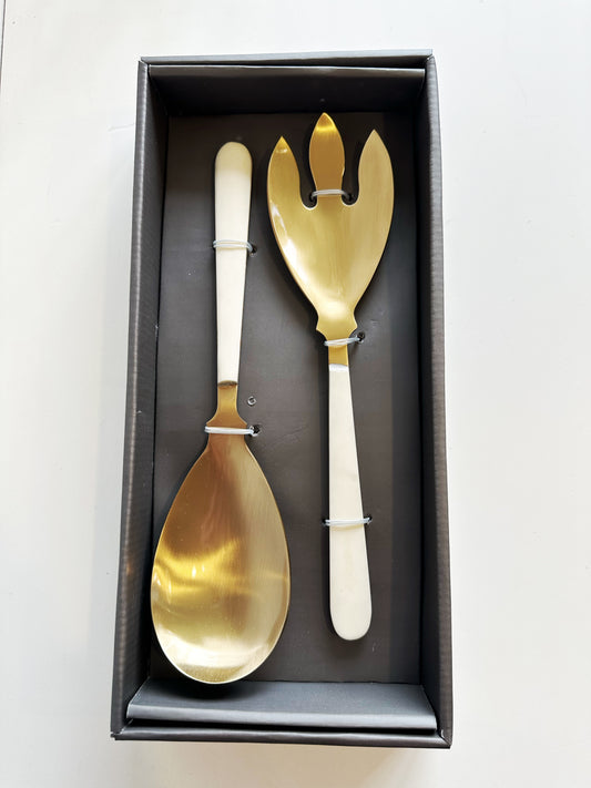 Set of 2 Salad Servers Gold with White Resin Handles