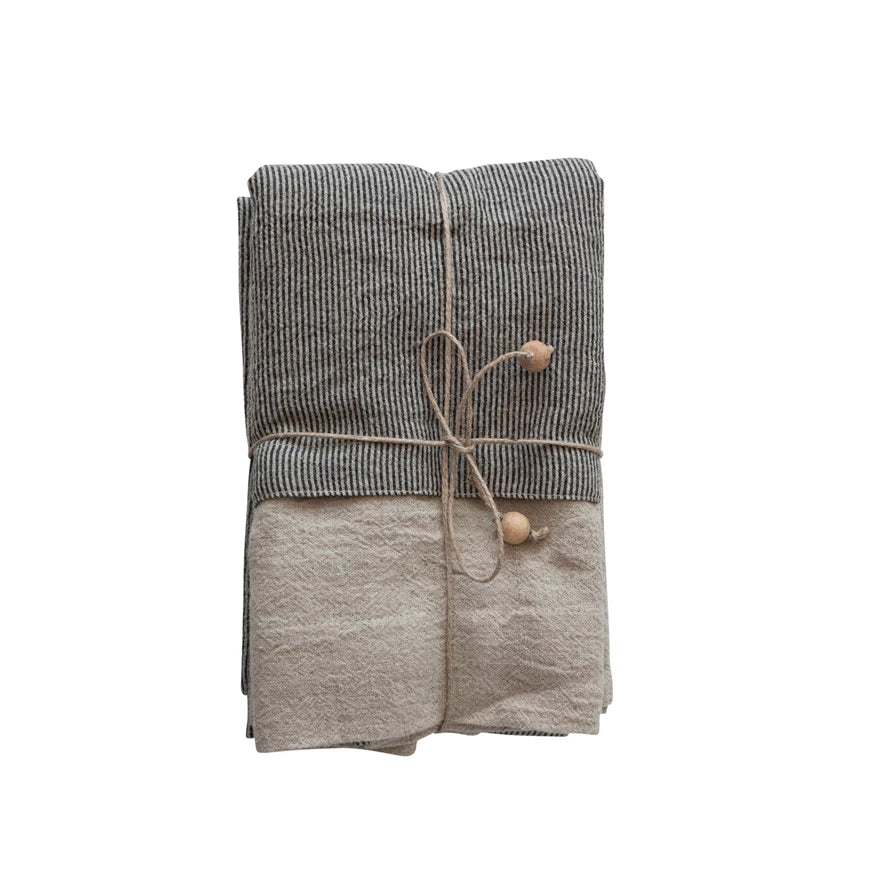 Linen Blend Half Apron & Tea Towel w/ Crochet Lace, Natural & Black, Set of 2