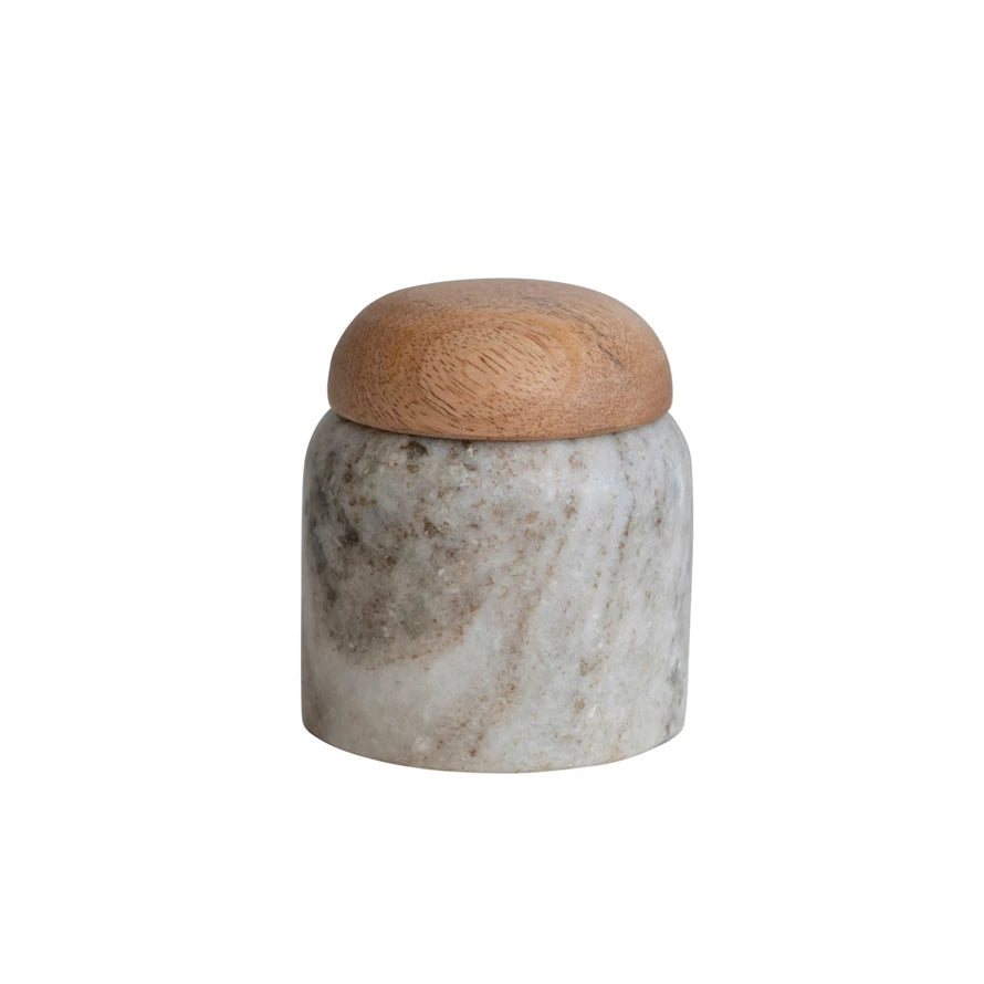 Small Marble Canister w/ Mango Wood Lid, Buff Color & Natural