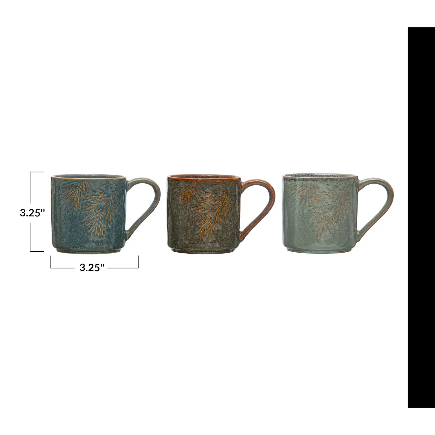 8 oz. Embossed Stoneware Mug w/ Pine Bough, Reactive Glaze, 3 Colors (Each One Will Vary)