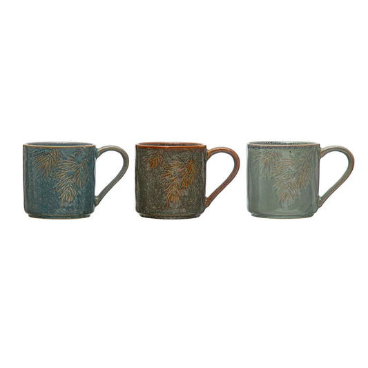 8 oz. Embossed Stoneware Mug w/ Pine Bough, Reactive Glaze, 3 Colors (Each One Will Vary)