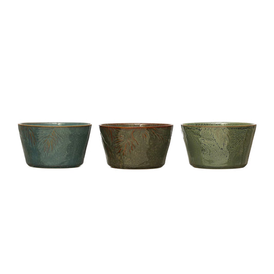 Embossed Stoneware Bowl w/ Pine Bough, Reactive Glaze, 3 Colors (Each One Will Vary)