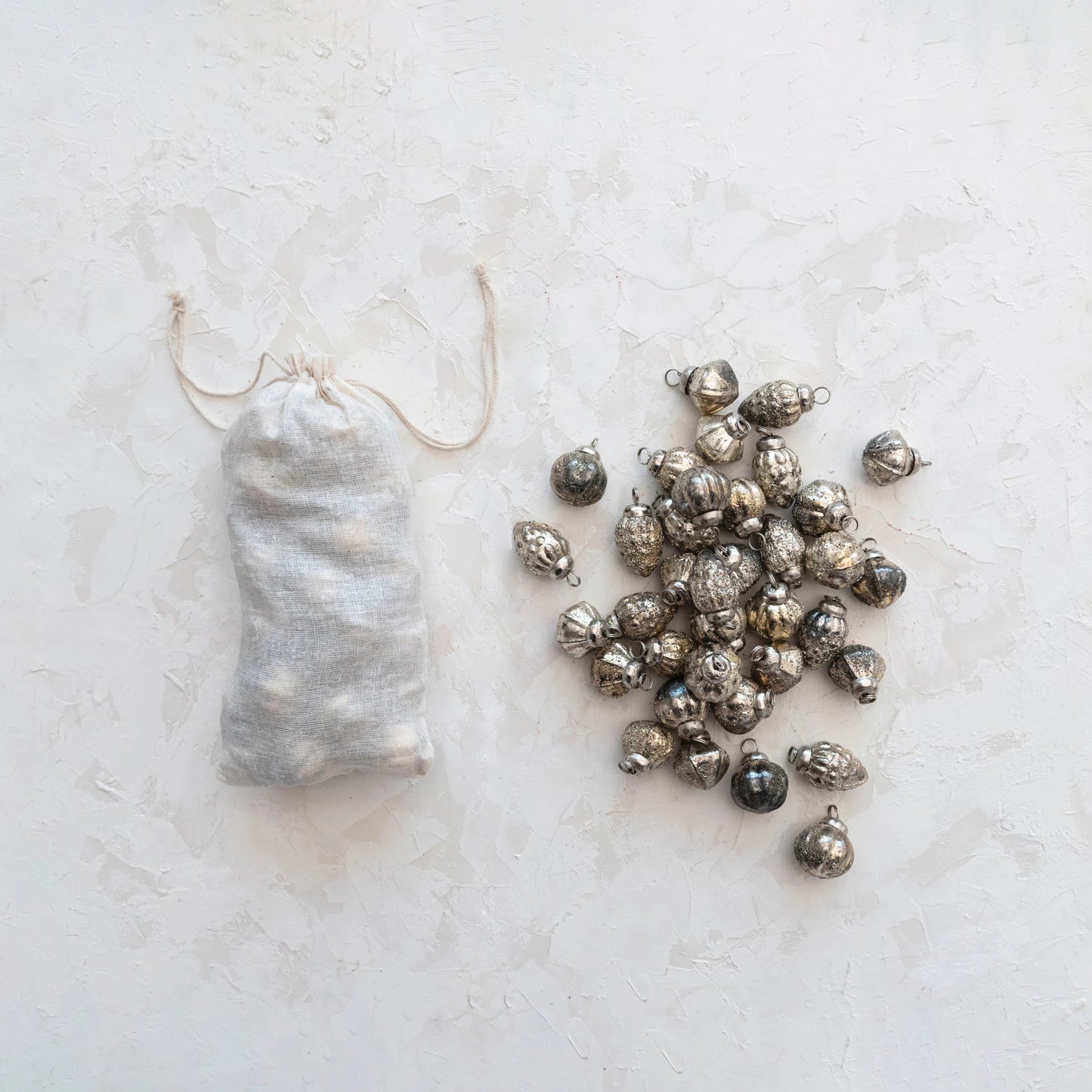 Antique Silver Glass Ornaments in Muslin Bag, Set of 36