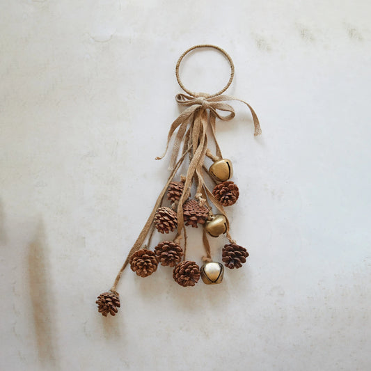 Metal Ring Door Hanger w/ Natural Pinecones, Jingle Bells & Jute Bow