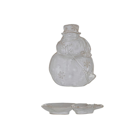 Stoneware Snowman Shaped Plate w/ Snowflakes & Broom (Each One Will Vary)