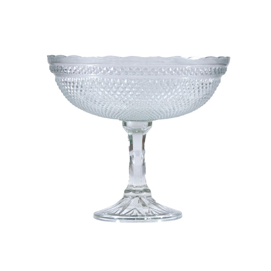 9" Round x 7-1/4"H Pressed Glass Scalloped Footed Bowl