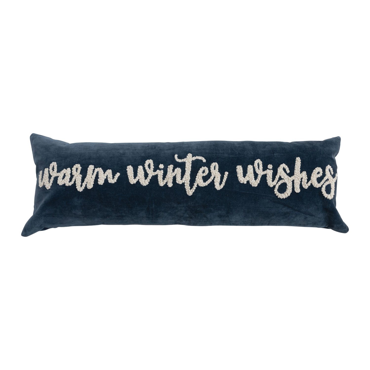 Woven Cotton Velvet Lumbar Pillow with Embroidered "Warm Winter Wishes"