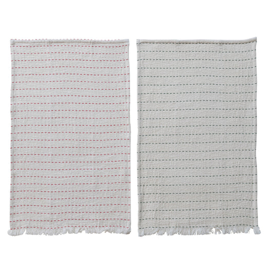 Tea Towel with Hand-Embroidered Kantha Stitch & Frayed Edges, 2 Colors