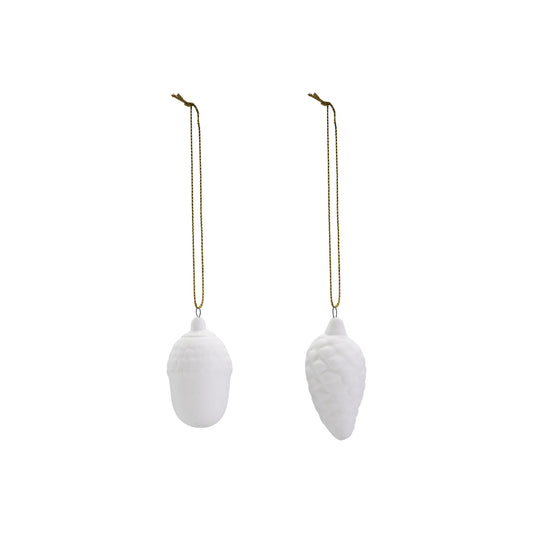 Stoneware Bisque Pinecone/Acorn Ornament, White, 2 Styles