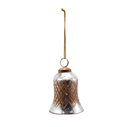 Hand-Painted Cut Mercury Glass Bell Ornament with Diamond Pattern