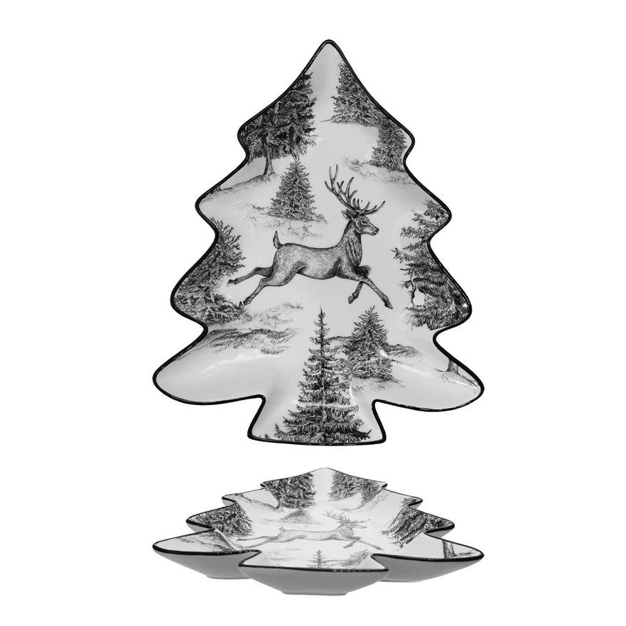Ceramic Tree Shaped Plate with Woodland Deer Scene & Colored Edge ...