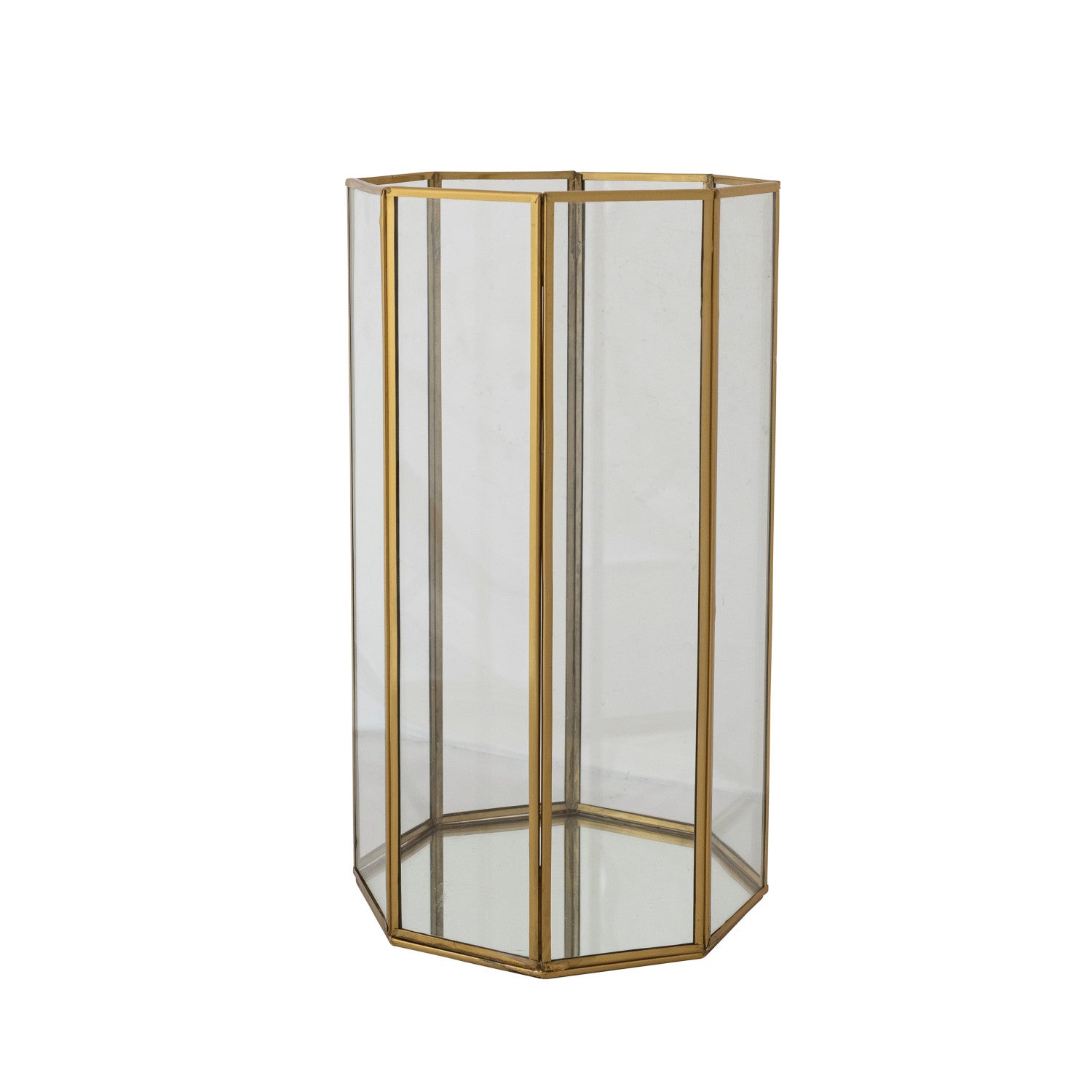 Glass & Brass Octagon Shaped Candle Holder/Container with Mirrored Bottom, Antique Finish