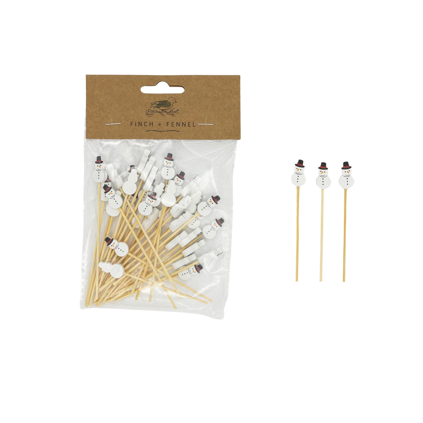 Bamboo Single Use Picks w/ Snowman Shaped Handles, Natural, White & Black, Set of 50