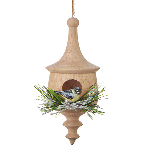 Natural Wood Birdhouse with Chickadee Ornament