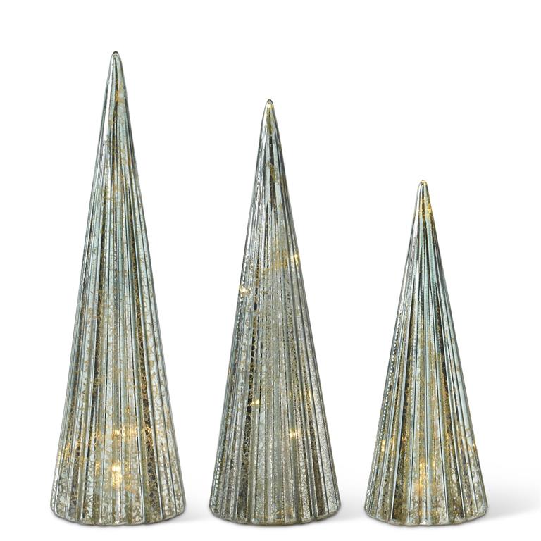 Sage Green Mercury Glass Vertical Ribbed LED Trees w/Timer