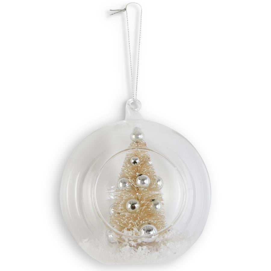 CLEAR GLASS OPEN FRONT ORNAMENT W/CREAM BOTTLE BRUSH TREE