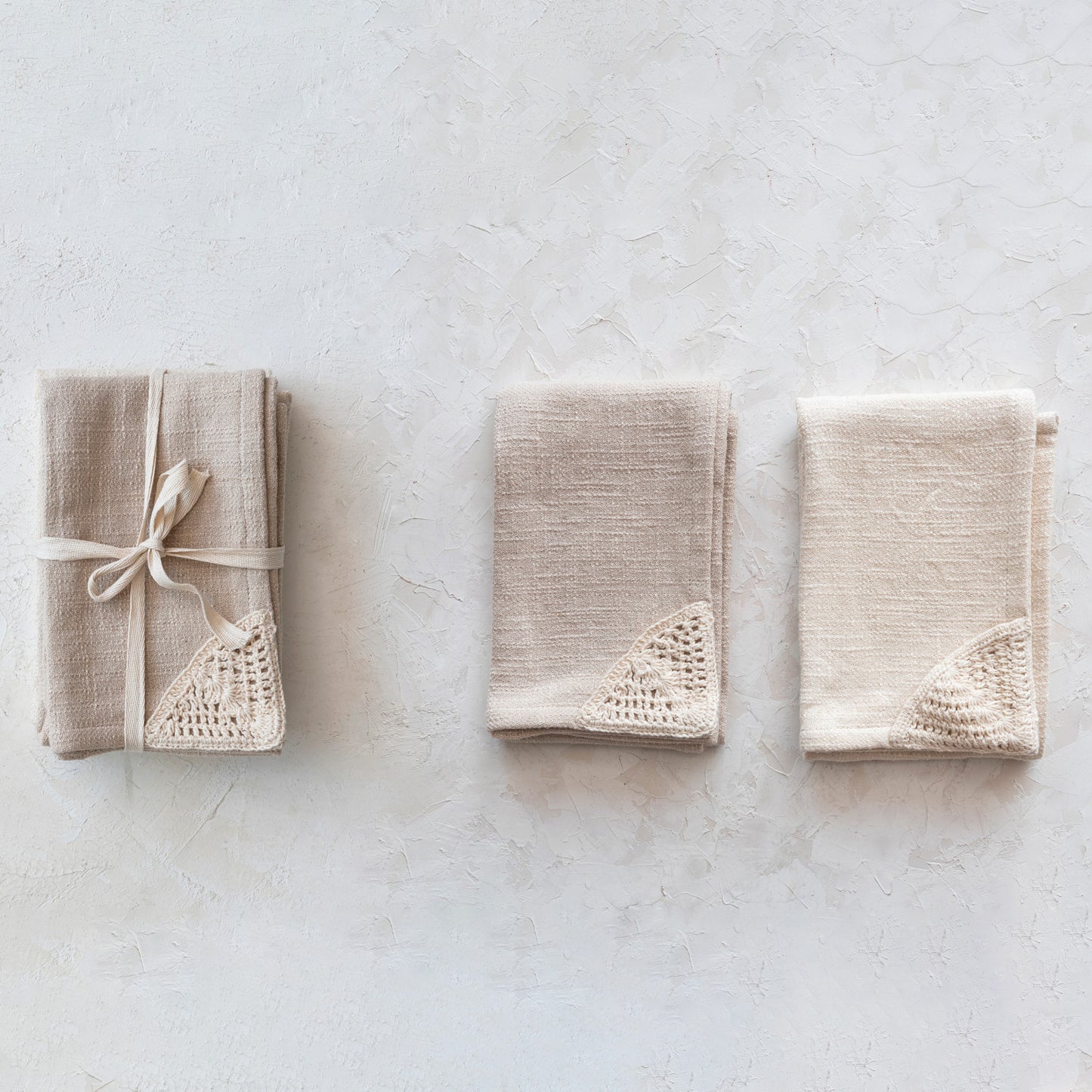 Woven Cotton Tea Towels w/ Crochet Corner, Natural & Beige, Set of 2