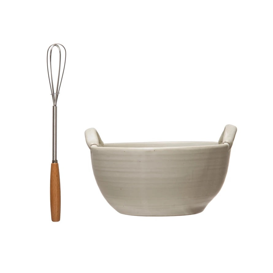 Stoneware Bowl w/ Wood Handle Whisk
