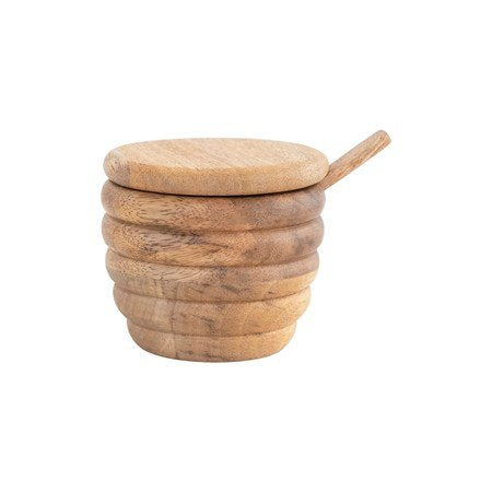 Carved Mango Wood Salt Cellar with Spoon