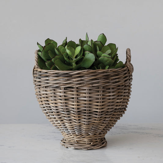 Hand-Woven Rattan Footed Basket w/ Handles, Natural