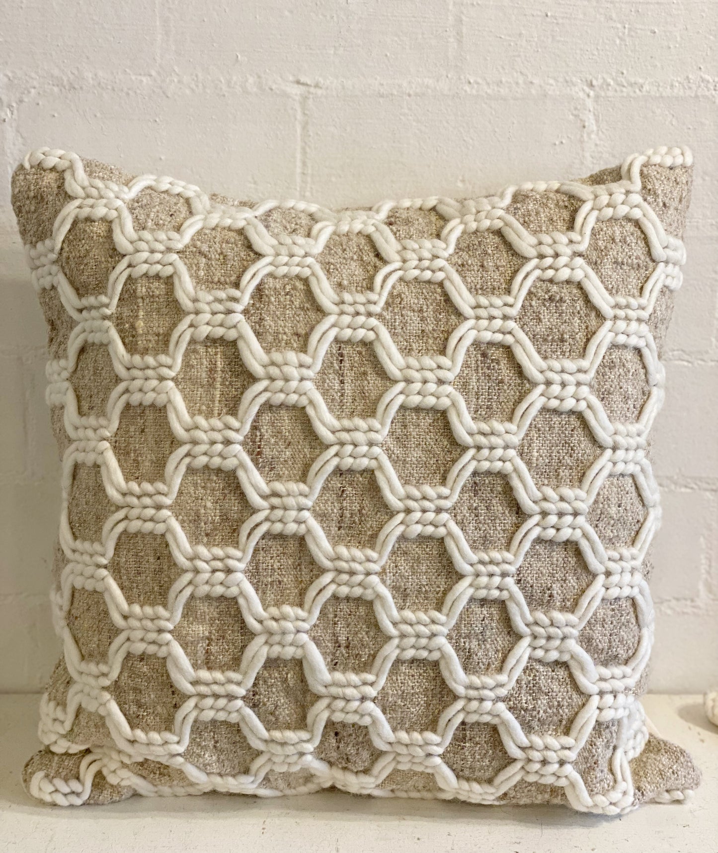 Ivory Wool And Taupe Weave Pillow