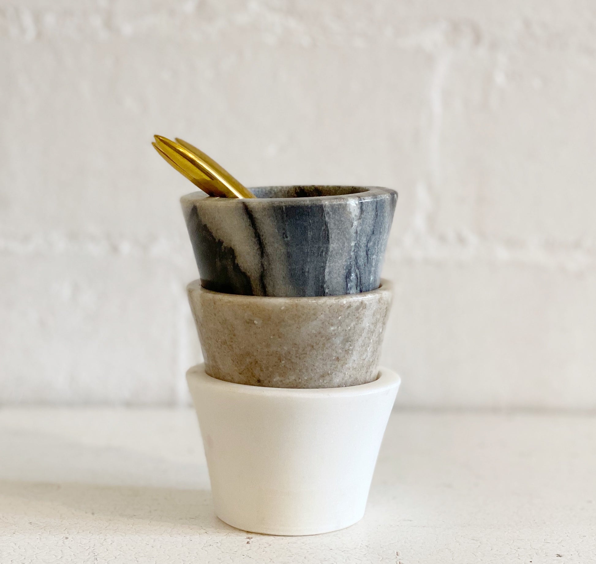 Marble PInch Pot With Brass Spoon Set of 2