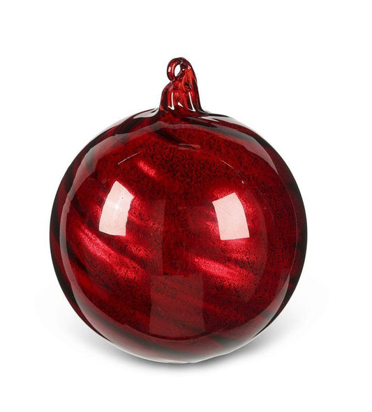 ROUND RED GLASS ORNAMENT W/RIBBON SWIRL