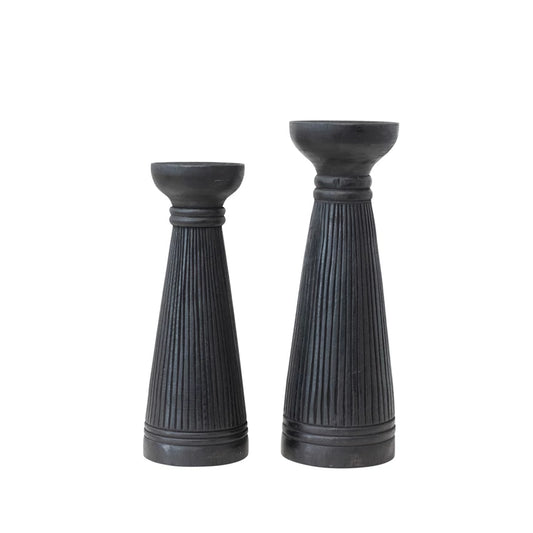 Black Wood Ribbed Candle Holder