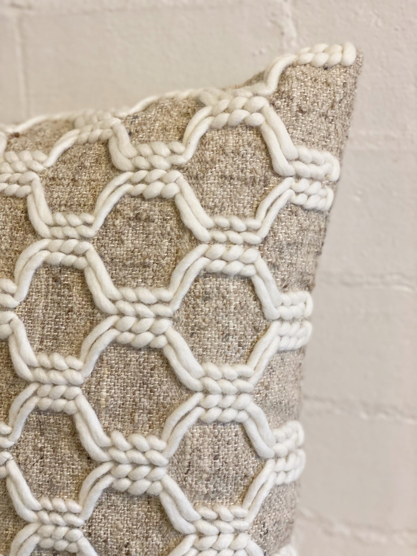 Ivory Wool And Taupe Weave Pillow