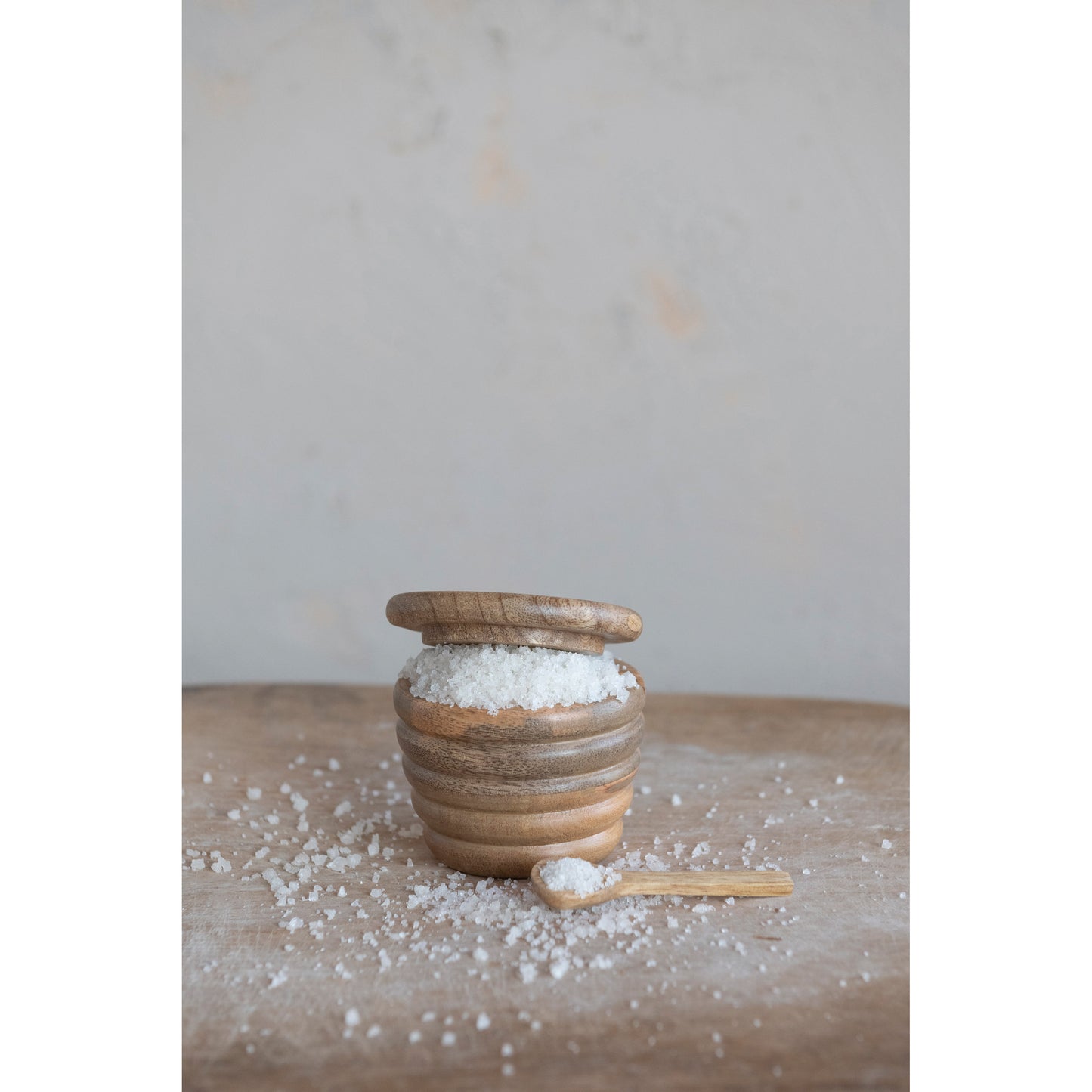Carved Mango Wood Salt Cellar with Spoon