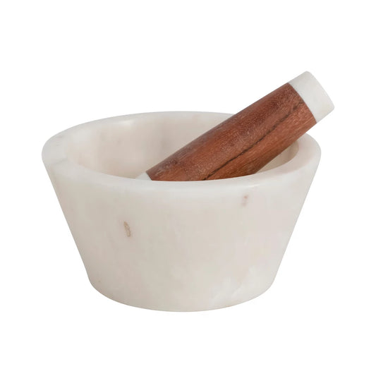 Marble and Acacia Wood Mortar and Pestle, Set of 2