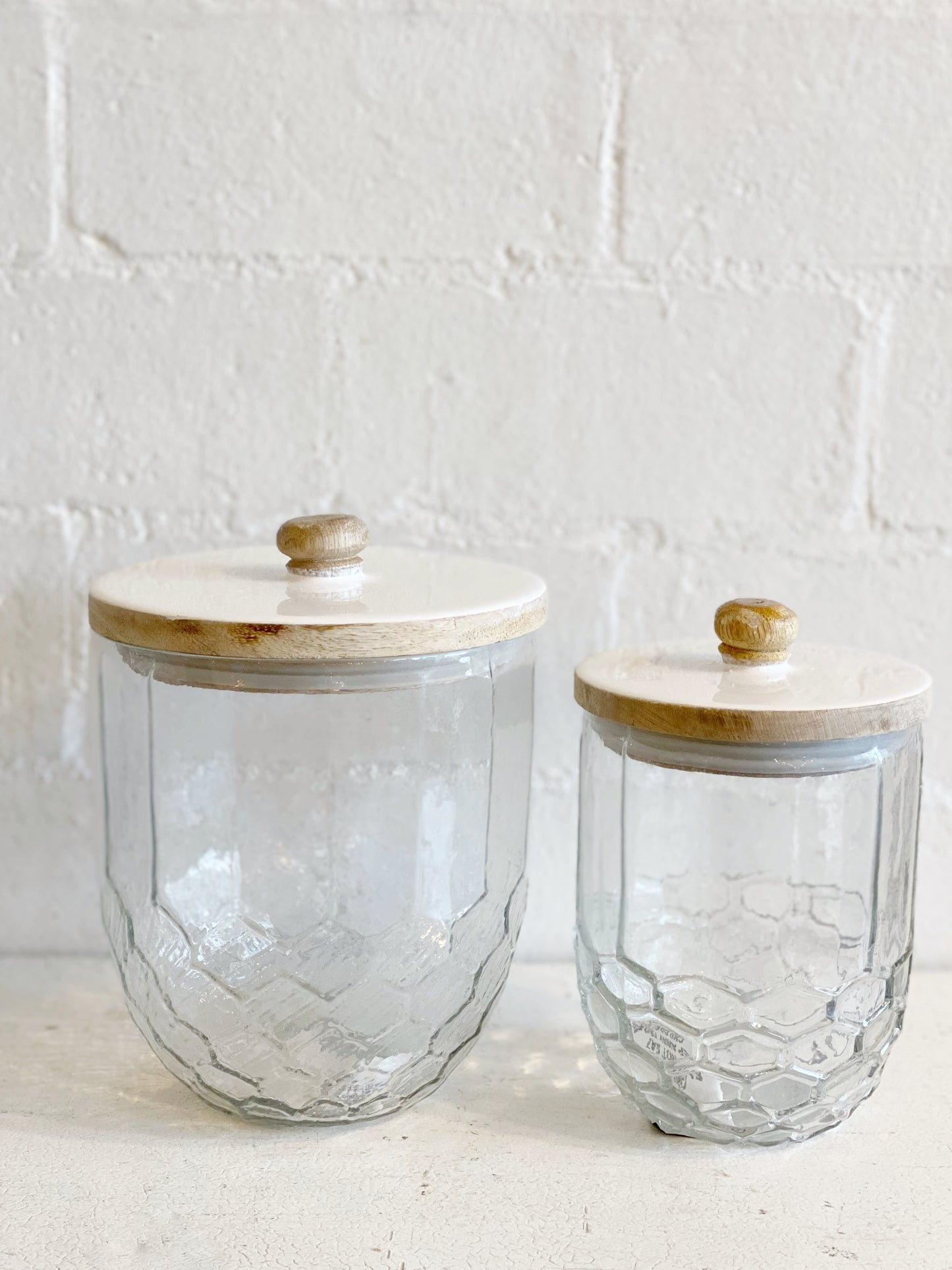 Honey Comb Glass and Wood Canister