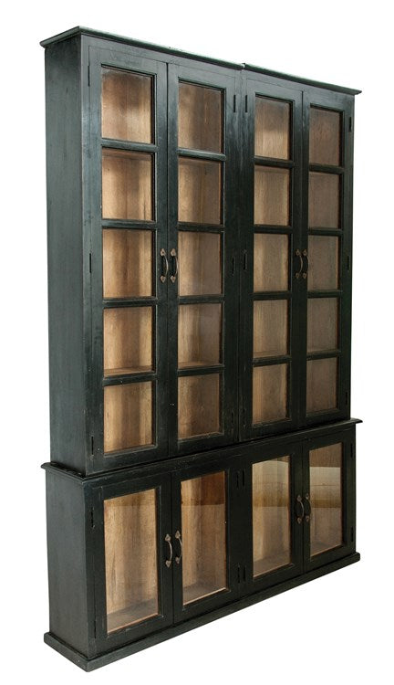 Black Cabinet with Glass Doors & Wooden Shelves