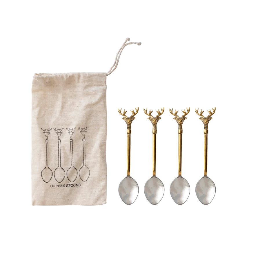 Stainless Steel and Brass Canape Spoons, Set of 4