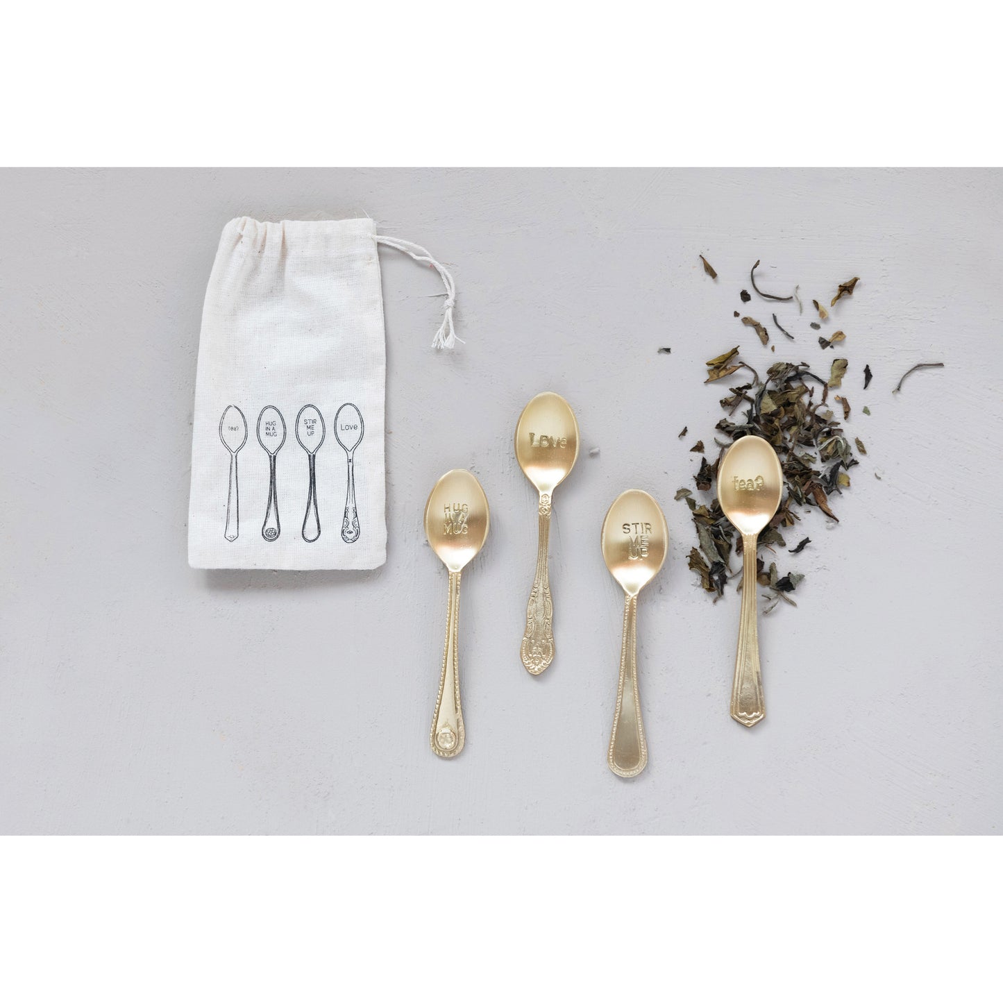 Brass Spoons with Engraved Saying, Set of 4 in Printed Drawstring Bag